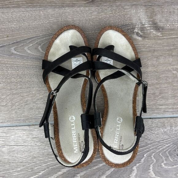 Merrell Revalli Women’s Sz 7 Black Leather Slingback Wedge Hook & Loop Sandals - Picture 5 of 11